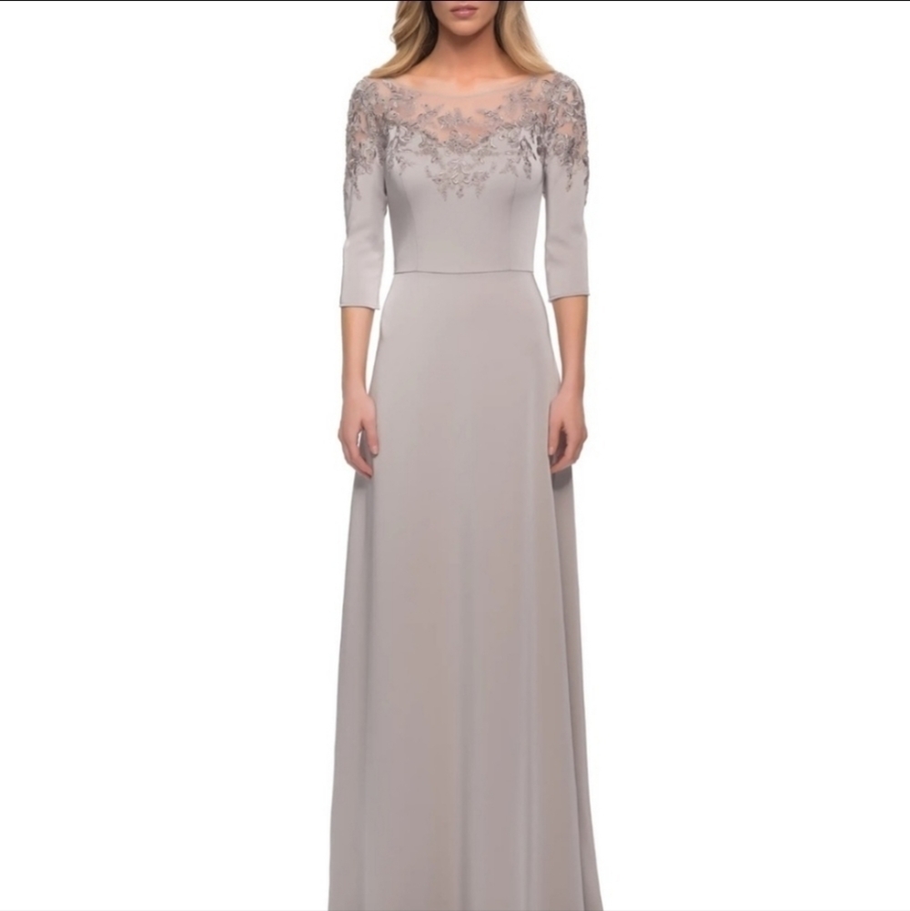 New La Femme Embroidered Illusion Neck Gown Silver